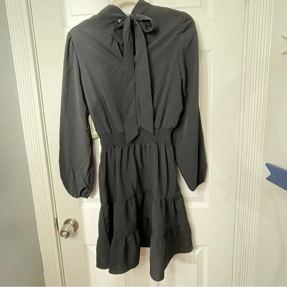 Nine. Eight New York Black Tie Neck Smocked Waist Tiered Mini Dress Medium - Picture 6 of 9